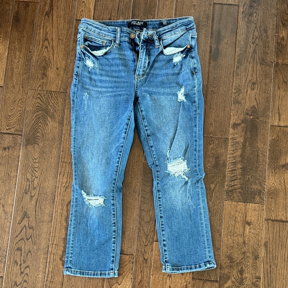 Judy Blue Distressed Straight Leg Crop Jeans - Blue